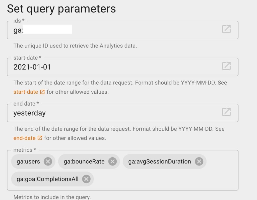 UA Historical Data_Query Explorer_Query paramters exampleCapture d'écran de UA Query Explorer, avril 2022
